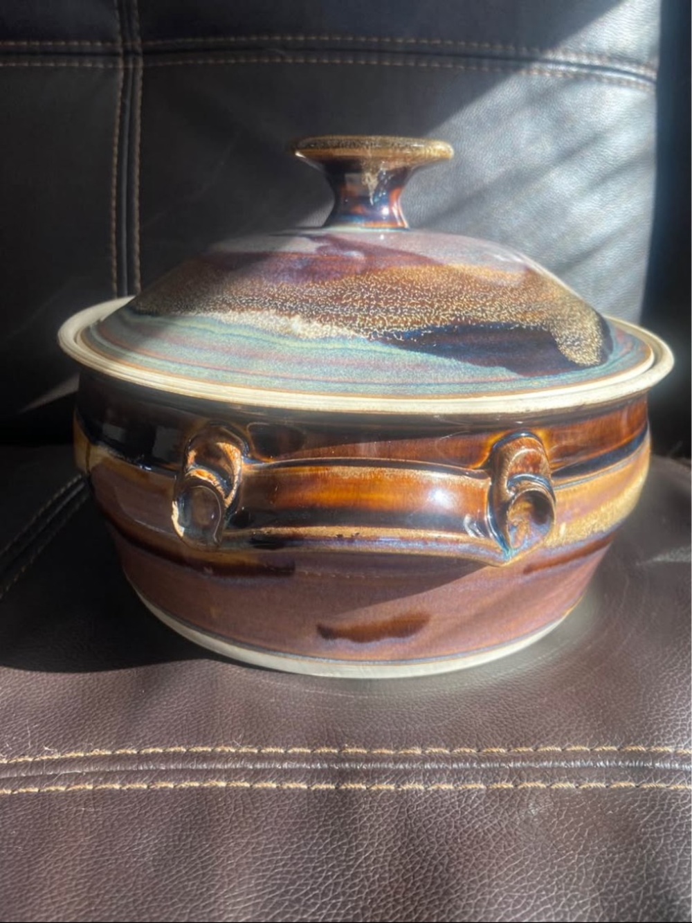 Handcrafted Ceramic Lidded Casserole Bowl in Brown and Gold